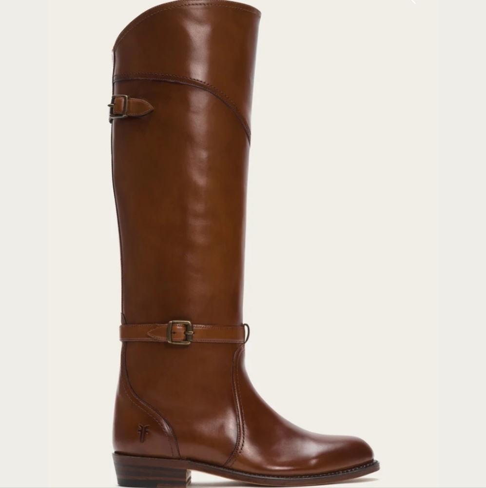 Worn in Frye Dorado Brown Leather Tall Riding Boots with Buckle Details